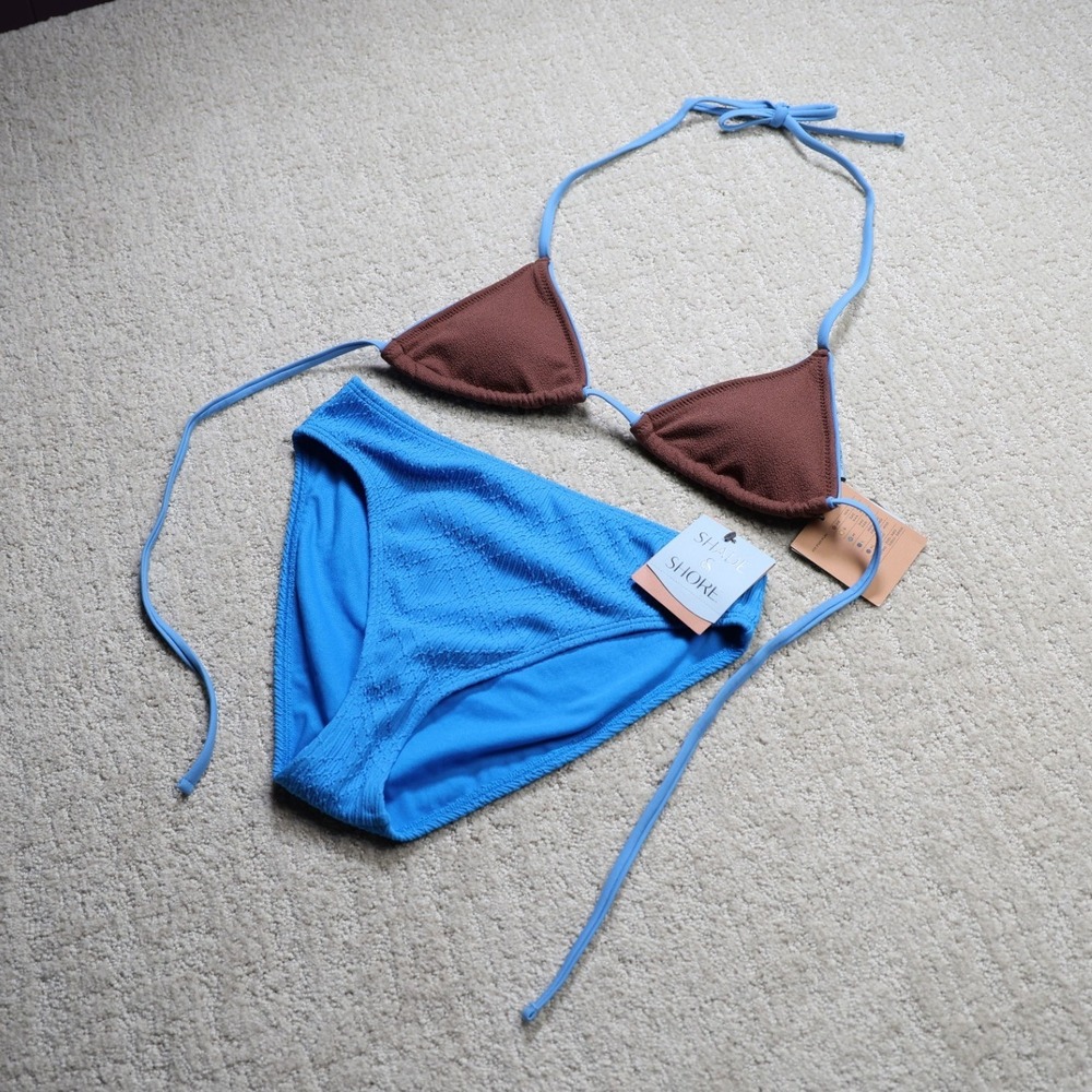 Shade & Shore Blue Brown Textured Triangle Bikini Set Small NWT